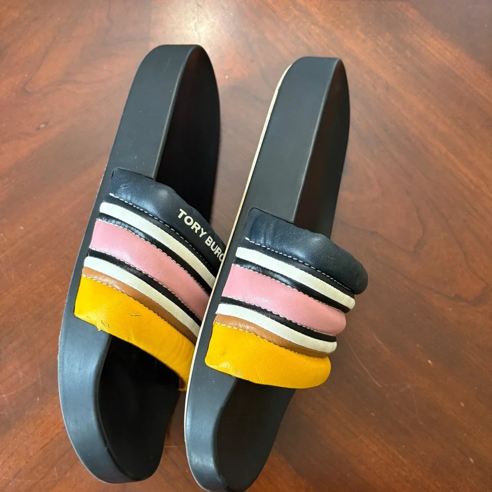 Tory Burch Slides Sandals 9 Striped Rainbow Padded Leather Sporty Slip On Womens